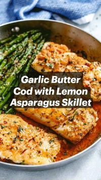 Cod fillets are pan-seared to flaky perfection and tossed in a delicious lemon garlic butter sauce with asparagus. This is one seriously good fish dinner idea. Whip up this quick and delicious fish recipe tonight!  https://www.eatwell101.com/garlic-butter-cod-asparagus-skillet-recipe