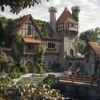 This enchanting image showcases a fairy-tale castle with stone and timber architecture, red-tiled roofs, and ivy-covered walls. The castle features multiple turrets, gabled roofs, and arched windows. A wooden bridge spans a serene moat, leading to the grand arched entrance. Surrounded by lush, meticulously maintained gardens, this castle exudes a magical and whimsical charm, perfect for a storybook setting.