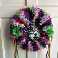 This Beautiful Day Of The Dead Wreath Is Handmade One Of A Kind. Great To Hang On Your Door Or Any Room In Your Home. Great Keep Sake For Years To Come. Size 14 X 14