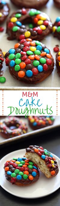 M&M Cake Doughnuts are fried perfection, topped with a thick chocolate glaze and crunchy m&m candies and are way quicker to make than yeast doughnuts!