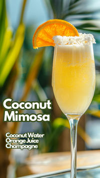 Coconut Mimosa blends tropical flavors with a classic brunch favorite. This refreshing drink mixes coconut water and orange juice with champagne, creating a perfect balance of light and sweet. #coconutmimosa