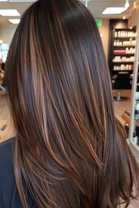 Long Straight Chocolate Layers With Caramel Highlights Hairstyle on woman with brown hair in salon, back view.