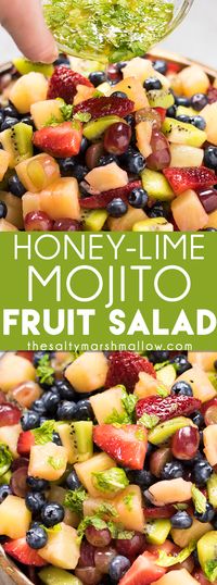 Honey Lime Mojito Fruit Salad: This fruit salad recipe is easy and healthy, perfectly refreshing and makes enough to take for summer parties! Summer fruits topped with the best honey lime mint dressing, that makes it taste like a mojito!