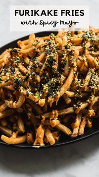 A simple way to dress up a crowd-pleasing favorite: Furikake French Fries with Spicy Mayo! Frozen french fries make it easy and fast. Deep fry until golden and crispy then top with spicy mayo and Furikake Japanese seasoning. A delicious snack, side dish, or party dish.