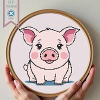 A stylized Pig pattern, ideal for a childs room or for a decorative pillow or for your own happiness.  Happy Stitching! The pattern contain only full stitches Size: 104 x 100 stitches Finished size (on 14 count Aida): 7-1/2 inches x 7-1/4 inches or 18.9 cm x 18.1 cm DMC colours: 6 Difficulty: easy The Purchase includes: A PDF coloured chart A PDF black and white chart A PDF chart for Pattern Keeper application The PDF charts contains coloured reference picture and DMC thread list This is a digit