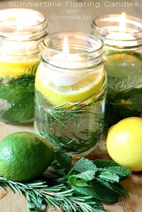 "Bug Off" in a Mason Jar! Add floating candles, citronella oil, mint, lemon, lime, & rosemary.