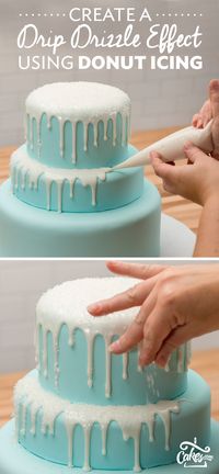 The key to a perfect drizzle effect is donut icing and sanding sugar. Shown on a Disney Frozen Cake - full tutorial at Cakes.com