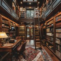 Explore this inviting home library with a vast collection of books displayed on rich wooden shelves. Enhance your reading experience with a sturdy rolling ladder for easy access and a classic wooden desk and chair for comfortable studying. The warm lighting creates a cozy atmosphere, perfect for book enthusiasts.