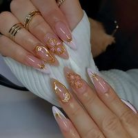 24pcs Gentle Pink False Nail White French Hand-painted Flower Gold Stripe Designs Press On Nails