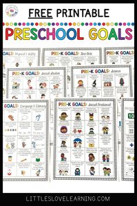 FREE printable pre-k goals sheets. Includes literacy, math, social emotional, science, social studies, and MORE. Includes 20 important goals per sheet (8 sheets total) for preschool and pre-k students to focus on before kindergarten. Great reference for parents and preschool teachers to print and use to get their students kindergarten ready! Aligned with the Arizona Early Learning Standards. #preschool #prek #kindergartenreadiness