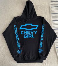 Chevy Sky Blue Logo Women Hoodie, just in time for the winter. Brand is Gildan, Handmade 8.0 oz., 50/50 cotton/polyester Reduced pilling and softer air-jet spun yarn Double-lined hood with color-matched drawcord 1x1 athletic rib knit cuffs and waistband with spandex Front pouch pocket Double needle stitching at waistband and cuffs Quarter-turned Tearaway label    And every Hoodie is made to order. Many different colors upon request Make sure to message me with the color you want.