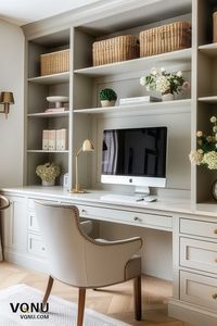 Transform your workspace with this elegant home office setup featuring built-in shelves, a sleek desk, and a comfortable chair. Perfect for productivity and style, this design incorporates neutral tones and natural elements like wicker baskets and fresh flowers. Get inspired to create your own chic and organized office space! #HomeOfficeDesign #OfficeInspiration #WorkspaceGoals