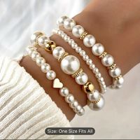 4pcs White Faux Pearls Beads Beaded Bracelet Set Elegant Handmade Hand String Jewelry Accessory