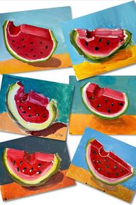 These watermelon paintings look sweet enough to eat. They were created by kids ages 6-13 at Art Spot Studio. The students learned about one point perspective, got to draw on the table, and practiced using rulers, mixed lots of paint colors, and had tons of fun! This is a great summer art project for kids! #summerart #watermelonpainting