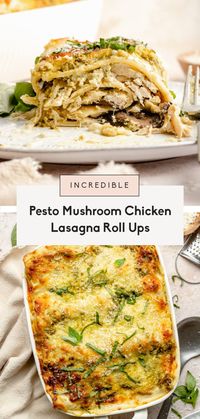 Delicious mushroom chicken lasagna roll ups with flavorful pesto ricotta and luxurious garlic parmesan cheese sauce. These easy lasagna roll ups are the perfect cozy comfort food and a great way to use up leftover chicken! Freezer-friendly and kiddo-approved. #lasagna #chicken #dinner #healthydinner #pasta #lasagnarecipe #mealprep