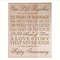 Honor the happy couple with a personalized 25th wedding anniversary cherry wall plaque. A treasured and lasting personal keepsake for wedding or anniversary. 25th Anniversary plaque can be displayed on tabletop or hung on wall. Designed exclusively by ©2019 LifeSong Milestones Engraved 25 years of marriage days, weeks, months, years Made in USA Measures " 12" w x 15" h x .5" Can be displayed on tabletop or Wall Makes a special Gift for your special 25th wedding anniversary day Cherished 25th ann