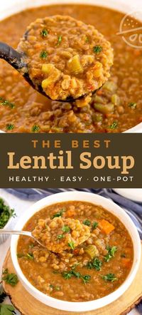 This Lentil Soup recipe is hearty, healthy, filling, budget friendly and absolutely delicious. Lentils are simmered with vegetables and spices in a tasty broth. This simple homemade soup is the absolute best lentil soup ever! Instructions to make this nutritious soup in the Instant Pot and the crock pot.#healthy #lentils #soup #dinner #lemonblossoms #instantpot #crockpot