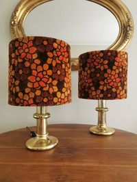 Beautiful lamps, from the 70s in original condition. The lampshade has attractive colors (velvet - orange, brown) with a floral motif. Good condition compared to age and use . There is a patina on the metal part (please, take a good look at the photos ), canvas without damage. The interior of the lampshade has some damage, which is not visible during use (please, take a good look at the photos ). Take E27 bulbs. DIMENSIONS Height 54cm Diameter lampshade 33cm If you have any further questions, need more pictures feel free to contact me. Thank you very much... Have a nice day, Jovana