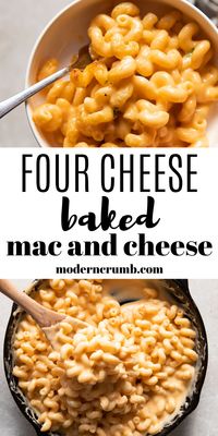 Are you ready for the side dish of all side dishes? All of your fall and winter dinners will be complete when you serve them with this mac and cheese. A four cheese, super creamy, homemade baked mac and cheese. Thanks to sharp cheddar, monterey jack, parmigiano and mozzarella I am deeming this the best baked mac and cheese in the world.