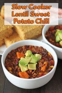 This vegan slow cooker chili is the perfect recipe to warm up with on cold days. Set it in the morning and your lentil sweet potato chili will be ready and waiting in the evening! #delightfuladventures #lentilchili #veganchili #slowcookerchili #veganslowcookerrecipe #sweetpotatochili