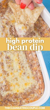 High Protein Bean Dip is the perfect healthy appetizer! Serve it warm or cold - it's a low calorie, high protein snack everyone will love! This clean eating snack is the best - we use homemade black beans but you can use pinto or kidney beans!