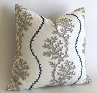 Offered is one Nautical Embroidered Pillow Cover, with gorgeous textural elements."Embroidered Coral" pillow cover: Real Jute embroidered on the face, with Navy and Light Blue silk embroidery forming the Coral Reef pattern. Made with a plain back...