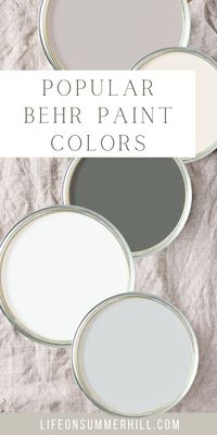 Popular Behr paint colors. Here are the 6 most popular colors according to the experts over at Behr. These colors are perfect for painting your bedroom, living room, bathroom, kitchen, cabinets, or even your furniture! Perfect for your next home improvement project. A great do it yourself, DIY, paint. Swiss coffee, silver bullet, ultra pure white, natural gray, black, white metal, classic silver colours. So get out your paintbrush and Behr paint and get to painting!