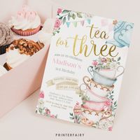 "Tea for Three Birthday Party Invite. ★ EDITABLE WITH CORJL.COM ★ This listing is for an Editable digital Item. Nothing personalized or physical will be shipped! Please read all the description before purchasing. ★★TRY BEFORE YOU BUY★★ https://www.corjl.com/d/3CKBP7 ★ More Time for Tea Party matching items: https://www.etsy.com/shop/PrinterFairy?search_query=Time%20for%20Tea%20Party ★ Matching Items upon request: http://etsy.me/2pZWeID Celebrate her \"Tea for Three\" birthday with a touch of Wonderland magic! Our invitation perfectly blends charm and enchantment, setting the tone for a memorable Partea. Easily personalize in Corjl to capture the spirit of her day. Find coordinating accessories for the perfect celebration here: https://www.etsy.com/shop/PrinterFairy?search_query=Time%20for%