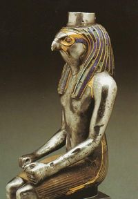 Silver statue of a Horus, originally gilded, and with lapis lazuli; dated to the Third Intermediate Period; now in the British Museum..