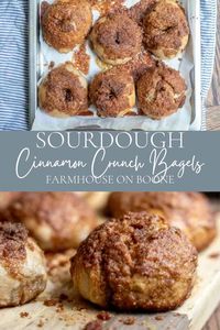 These sourdough cinnamon crunch bagels are a super delicious and possibly addicting breakfast or brunch. Chewy bagels topped with a cinnamon, brown sugar, and butter topping that is baked until caramelized and crunchy.