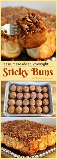 Easy, Make-Ahead Sticky Buns. These are the best and SO EASY! Use frozen bread dough to assemble them in minutes and let them rise overnight or in the fridge for 1-2 days. Ready to bake for Christmas breakfast or brunch. #breakfast #ChristmasBreakfast #MakeAhead #FrozenBreadDough #Gooey #Pecans #Easy #Cinnamon #Overnight