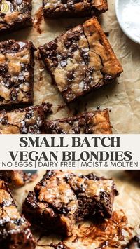 These molten, chewy brown butter vegan blondies are loaded with chocolate chunks and make just 8 perfect blondies- all ready in under 30 minutes! Like a cookie meets brownie, but better- and no hand mixer required!