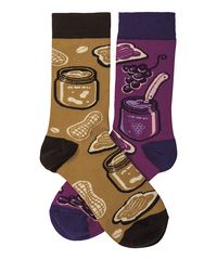 Brown & Purple Peanut Butter & Jelly Socks. Show off this pair of peanut butter and jelly-themed socks as part of your quirky wardrobe ideas.  Includes one brown peanut butter and one purple jelly sock (two socks total)Cotton / nylon / spandexMachine wash; tumble dryImported