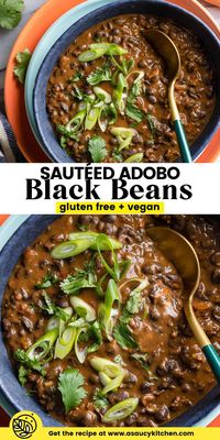 Simple, smokey and spicy sautéed Adobo Black Beans - made quickly and easily on the stove top with nothing more than a can of black beans, chipotle peppers, garlic and a few herbs and spices! Top with fresh herbs for an extra boost of flavor and serve! | Gluten Free + Vegan