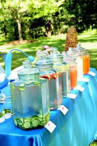 A Beverage Bar will be a huge hit at any party. You can do an array of Iced Teas…Infused Waters…Lemonade…Limeade…Sangria….Punch and more! by shesawildflower