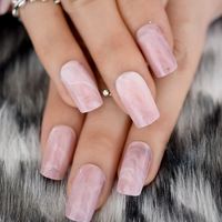 Shiny Pink Marble Artificial Nails Square Medium Size Fake Pre-designed Nail Art Kit for Women Wear Tool Z836