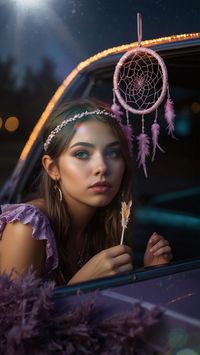 A dreamy purple-hued scene with a girl holding a lollipop, her face lit by the headlights of a car parked nearby.A dream catcher hangs from the car's mirror, capturing the essence of love and whimsy