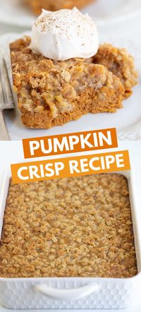 Pumpkin Pie Crisp Recipe - This Pumpkin Crisp has a delicious pumpkin pie filling with crumbles of a cinnamon brown sugar crisp topping baked on top. It takes minutes to put together and tastes great served with fresh whipped cream or vanilla ice cream. #cookiedoughandovenmitt #fallrecipes #dessertrecipes #pumpkinrecipes