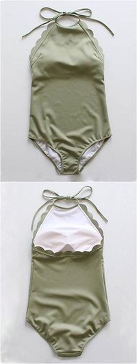 Army Green Halter Low Back Scallop Trim Swimsuit *this pin was discovered by TCruz