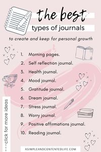 Looking for ideas for your new journal? Or new to journaling and don’t know what to write in your notebook? In this post, you’ll find 39 types of journals to start and keep for personal growth and self reflection including morning pages, gratitude journals, mental health journals, prayer journals, affirmations journals and many more. Journaling has never been so fun! #journal #journalideas #journaling #journalingideas #journaladdict #selfimprovement #selflove #selfreflection #personalgrowth