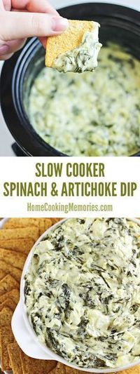 This delicious Slow Cooker Spinach and Artichoke Dip recipe is easy and cheesy! A hot dip, but doesn't have to be cooked in the oven. Great for potlucks!