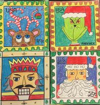 Four postage stamp holiday theme. Each year at Christmas I have the 3rd, 4th and 5th grades design a Christmas postage stamp.  It is also a good lesson in the history of U.S. Postage and postage stamp art.