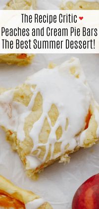 Peach pie bars have a creamy cheesecake and peach pie filling in the center. They are drizzled in a glaze and taste just like you are biting into a peach pie!