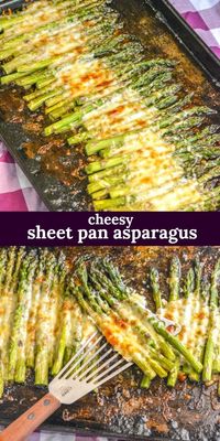 Looking for a new way to fix asparagus? This Garlic Roasted Cheesy Sheet Pan Asparagus is made on a single pan, within 20 minutes, and comes out perfect every single time. It’s a sure side dish to turn just about any meaty meal into a hearty dinner. #cheese #sheetpan #garlic #asparagus