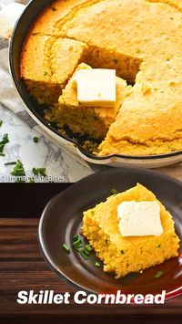 Skillet cornbread that's super moist and buttery, featuring a perfect crumb and crispy edges. This sweet and tangy bread is ideal with fried dishes, soups, or as a tasty snack anytime! #BakingRecipes