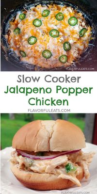 Slow Cooker Jalapeno Popper Chicken takes everything you love about jalapeno poppers – tangy cream cheese, melted shredded cheese, and fresh jalapenos, and transforms it into a heavenly chicken filling that’s perfect for sandwiches, taquitos, and more!