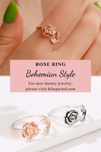 A retro rose ring can be suitable for various fashion theme, such as bohemian, urban, punk, vintage. With the open end design, it can be normal single ring, stacking ring or mid ring by slightly adjusting its diameter. #rose #flower #ring #gold #silver #fashion #jewelry