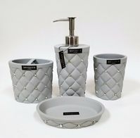 NEW 4 PC SET GRAY RESIN WITH CLEAR CRYSTALS, 3D, SOAP  DISPENSER+TOOTHBRUSH HOLDER, TUMBLER,SOAP DISH+BRUSHED SILVER (CHROME) TONE PUMP. BRAND NEW   DIMENSION: 8"H x 3.25"D (soap/lotion dispenser), 4"H x 3.25"D (tumbler) and 3.75"H x 4"L x 2.5"W (toothbrush holder), 1"H X 5.25"L X 3.75"W (Soap Dish)  CONDITION: BRAND NEW MATERIAL: CERAMIC LISTING INCLUDE: ONE SOAP/LOTION DISPENSER, TOOTHBRUSH HOLDER, TUMBLER, Soap Dish,    I LIST DIFFERENT STYLES OF WATCHES EVERY WEEK, PLEASE SUBSCRIBE TO MY NEWS LETTER TO RECEIVE THE NEW LISTINGS. SHIPPING I am happy to offer a combination shipping discount of 50% off on the shipping for the second, third, etc... items (off of the lesser values.) The second or third items must be purchased with in 3 days of the first item. eBay does not automatically comb