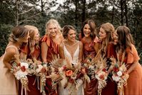 Rust married terracotta, copper and burnt sienna floral arrangements bridesmaid dresses Burnt orange wedding theme Terracotta wedding bridesmaid dresses Orange wedding centrepieces Copper saree Orange dress outfit wedding orange wedding ideas