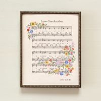 "This is a detailed print of my original \"Love One Another\" music sheet painting.  Sizes: -5x7  -8x10  -11x14  -16x20 Paper: Giclee fine art print on 100% cotton paper with a matte finish. What's the difference? Giclee prints are about the best quality prints you can find. AND what's awesome about being printed on 100% cotton paper? There is a lovely watercolor texture and your print won't fade over time (most glossy prints will turn yellow in a few years). All prints are signed by the artist